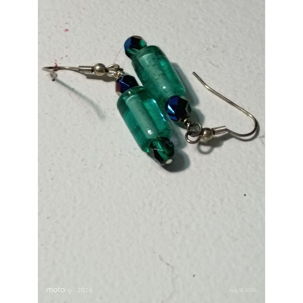Boho Artisanal Glass Drop Earrings – Handmade Teal & Purple Lampwork Bead Dangle